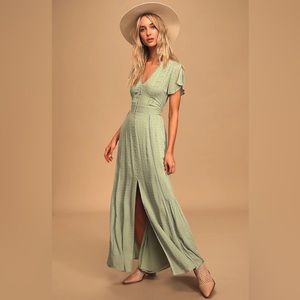 Lulu’s “Completely in Love” Sage Green Swiss dot button-front maxi dress